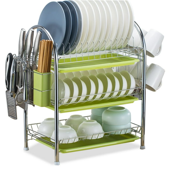 Zootealy Dish Drying Rack 3 Tier Dish Rack Steel with Removable Drain Board Storage Rack for Dish Drainer Utensil Holder with Cup Rack for Kitchen Countertop Organizer Storage