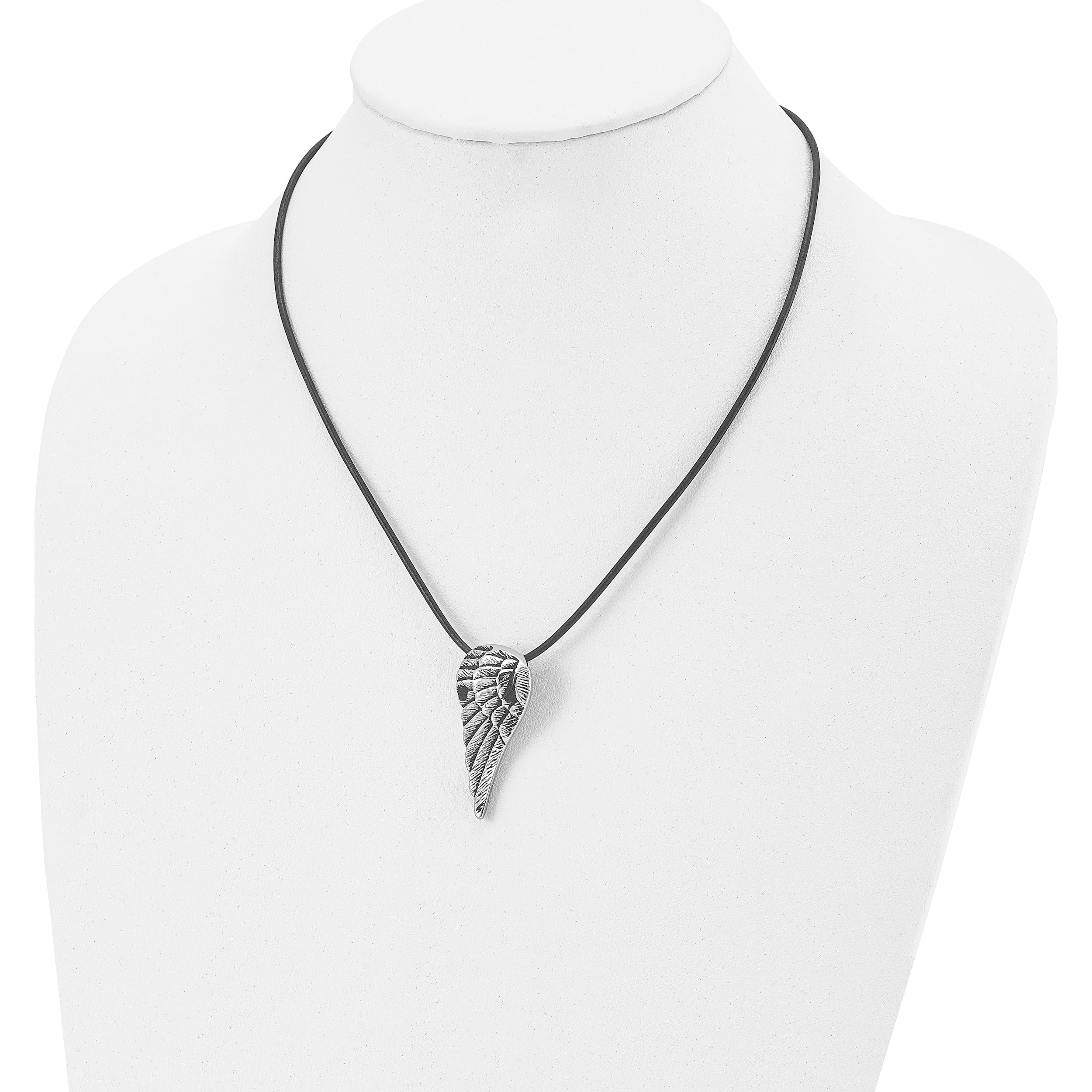 Stainless Steel Antiqued And Polished Wing With 20In Leather Cord Necklace Made In China -Jewelry By Sweet Pea