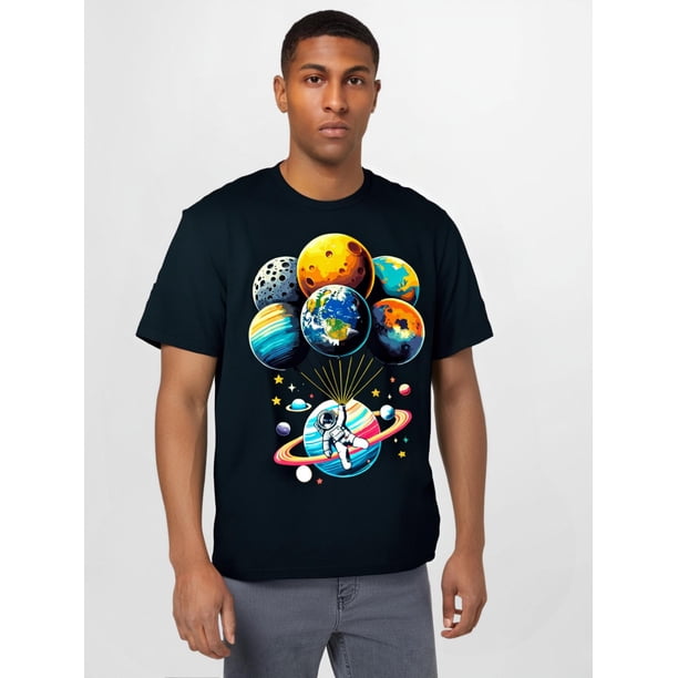 Camiseta gráfica de astronauta vibrante sosteniendo globos de planeta - Ropa casual de temática espacial para hombre y mujer - Divertida, colorida y cómoda para el día a día. Camisetas de ocio.