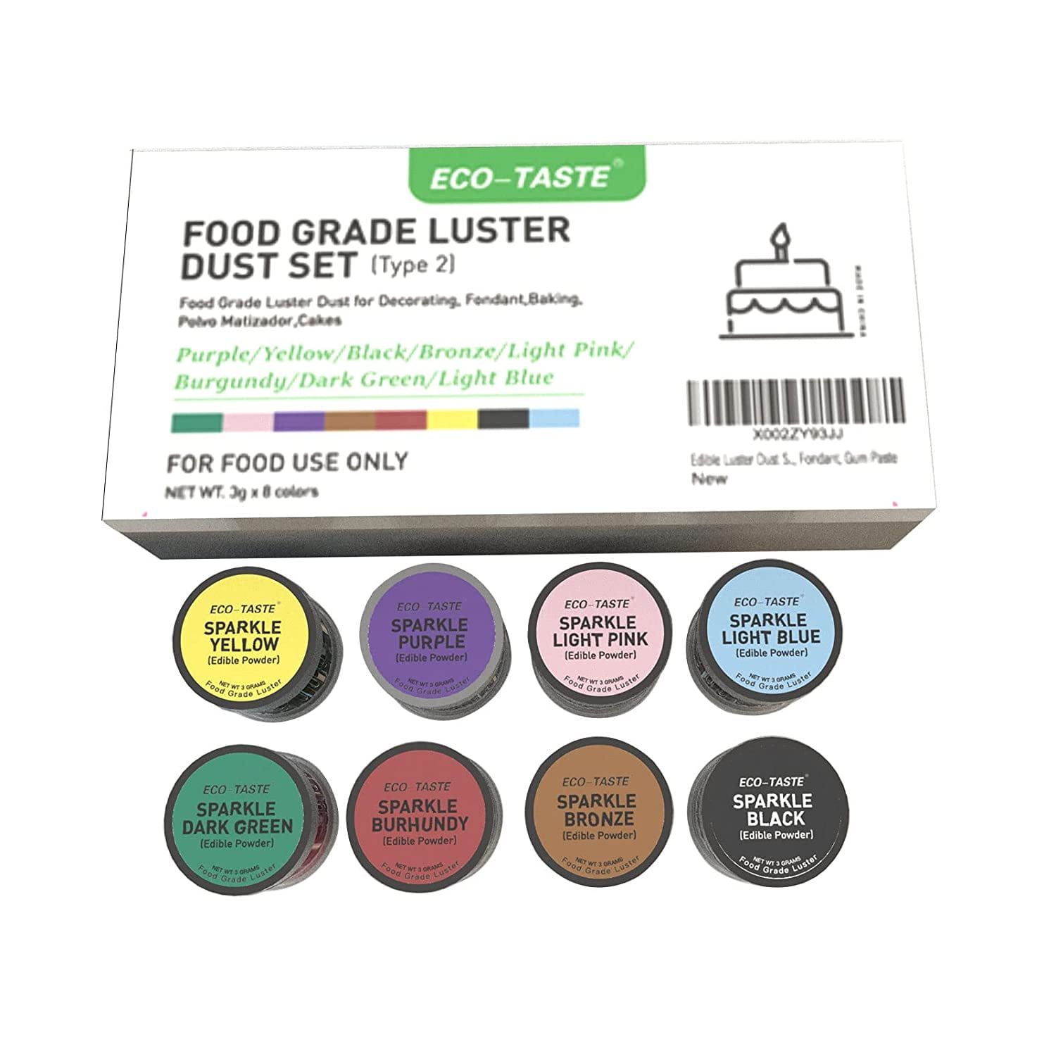Eco-Taste Edible Luster Dust Set for Cake,3 Grams Each, 8 Colors, 24 Grams