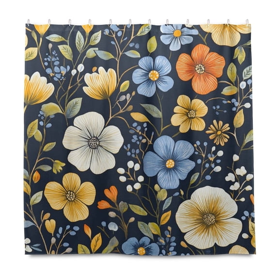 Yayeee Shower Curtain with Hooks 72"x72" Waterproof Fabric Bathroom Hanging Decor, Navy Floral Pattern