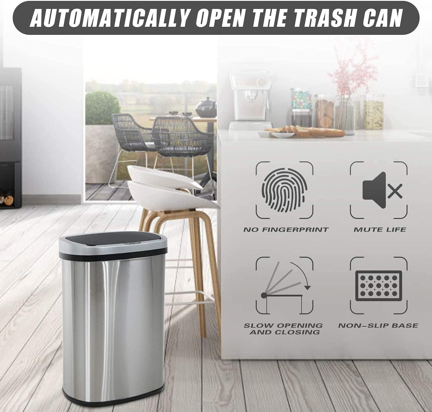 13 Gallon Trash Can Automatic Kitchen Garbage Can with Lid Touchless Sensor Waste Bin Slim No Touch Stainless Steel Trash Can for Home, Living Room, Bedroom, Office, 50 Liter- Silver