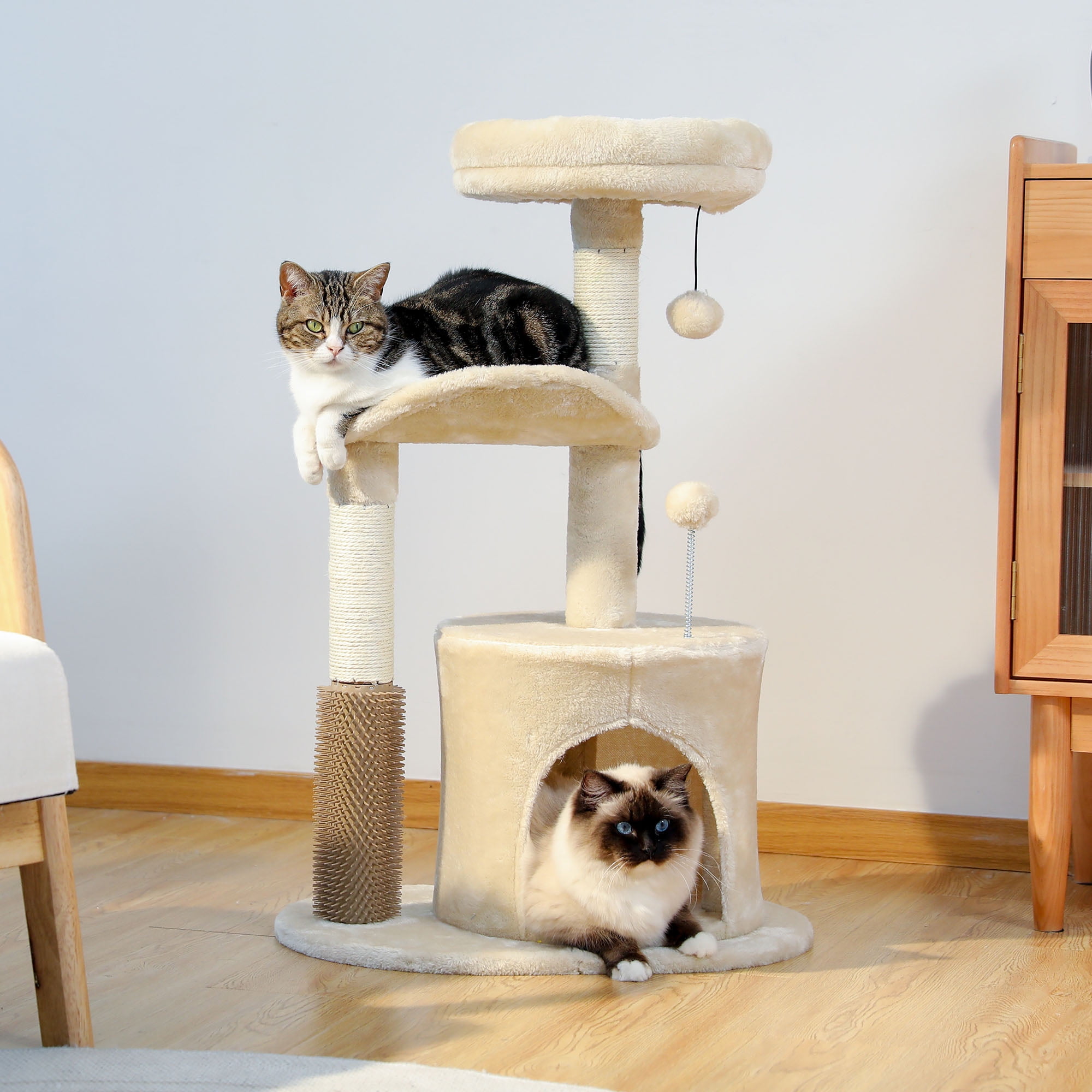 Pefilos 32" Cat Tree Indoor with Self Groomer Brush, Sisal Scratching Post, Dangling Ball, Wood Cat Condo Tower for Small, Medium Cats, Beige Pefilos 32" Cat Tree Indoor with Self Groomer Brush, Sisal Scratching Post, Dangling Ball, Wood Cat Condo Tower for Small, Medium Cats, Beige