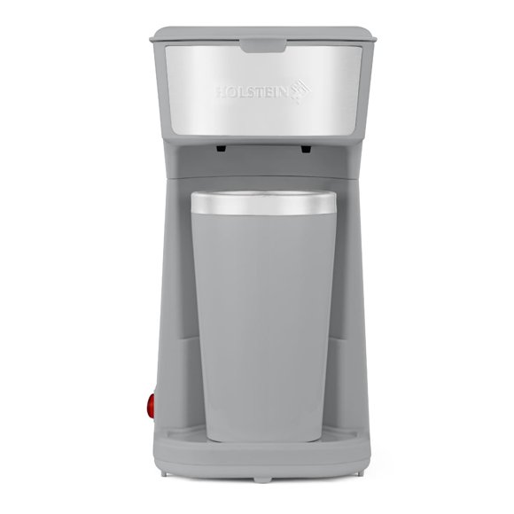 Holstein Housewares Cafetera de una sola porción, cafetera personal de 14 oz con filtro reutilizable, operación con un solo toque y apagado automático, gris