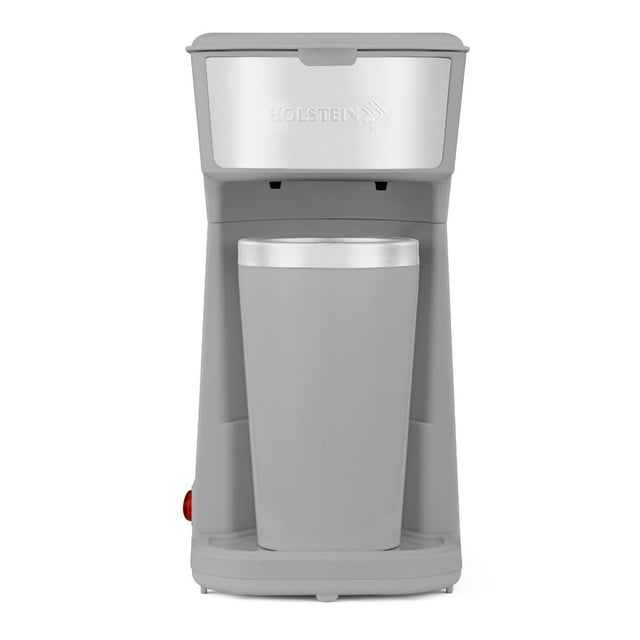 Holstein Housewares Cafetera de una sola porción, cafetera personal de 14 oz con filtro reutilizable, operación con un solo toque y apagado automático, gris