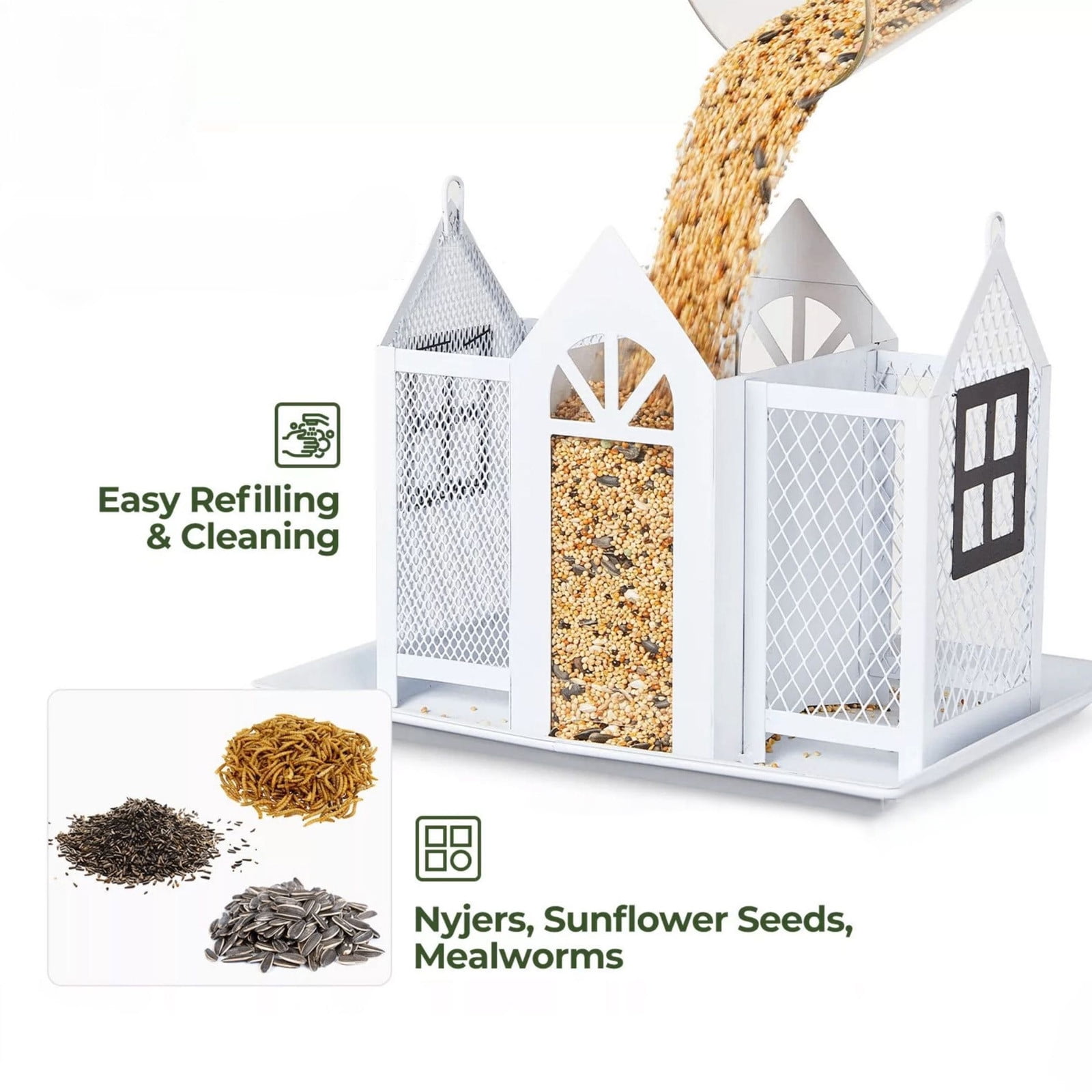Solar Bird Feeders House for Outside Hanging, Metal Wild Bird Feeder for Outdoors Large Capacity Cardinal Bird Feeder Birdhouses Metal Bird Feeding Station White