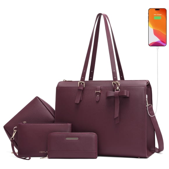 Keyli Laptop Tote Bag for Women Large Waterproof Leather Work Laptop Briefcase with Built-in USB Charging Port Computer Shoulder Bags Fits 15.6 Inch,