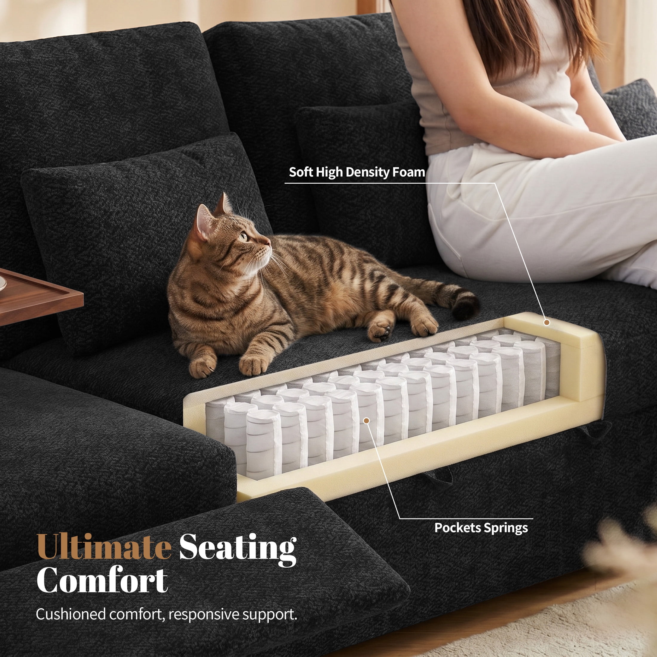 Aenkyo 108" L-Shaped Sectional Sleeper Sofa with Pull Out Bed, Recliner and Storage Chaise, Black
