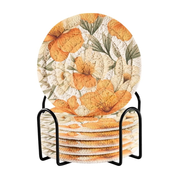 Flowers Floral 6 Pcs Drink Coasters with Holder Absorbent Coasters Woven Coasters for Drinks Table Desk Protection Home Decor