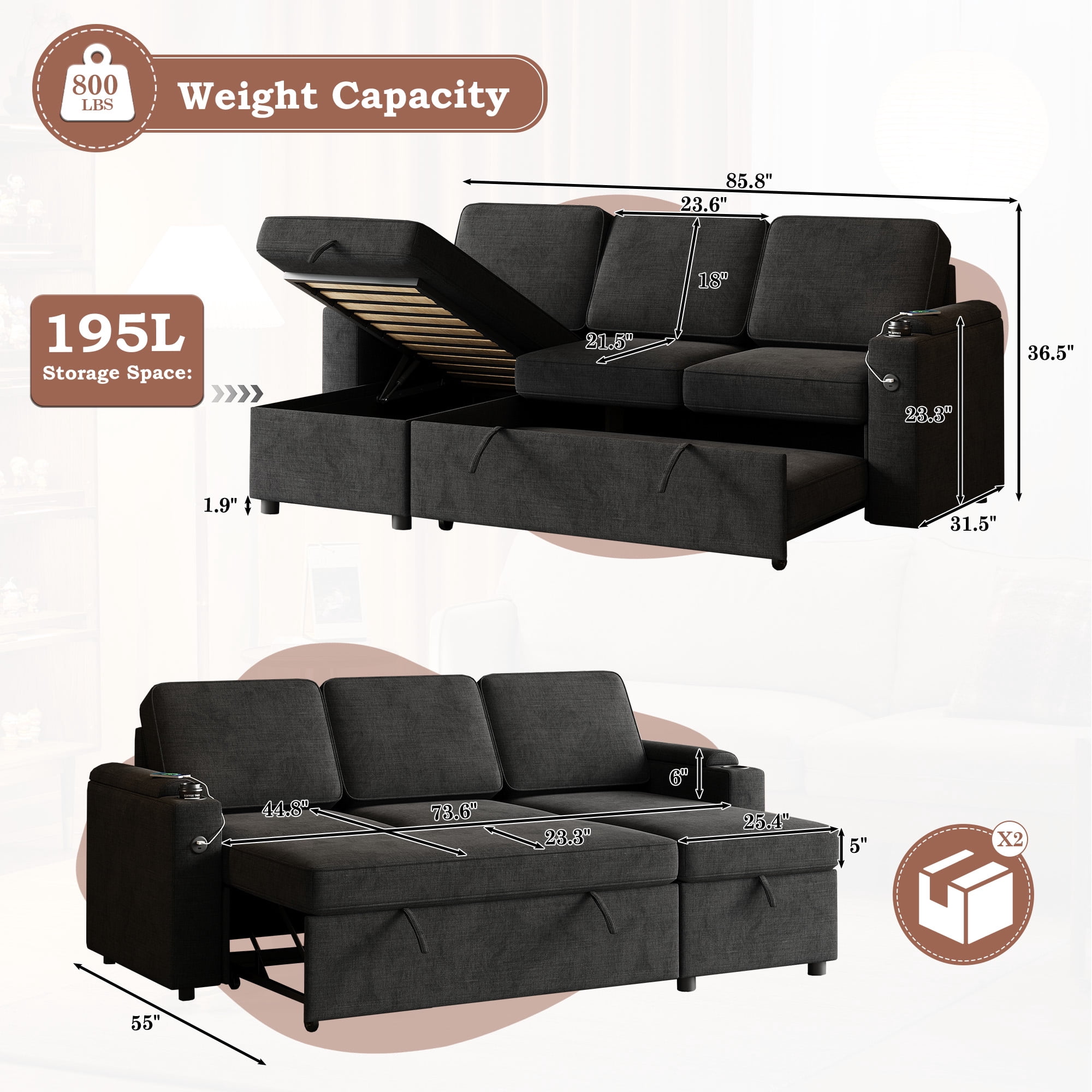 Dinosisco 3-in-1 Sectional Sleeper Sofa with Storage Chaise & Armrests, USB, Cup Holders, 85.8" Convertible L-Shaped Sofa Bed for Living Room, Apartment, Black Linen