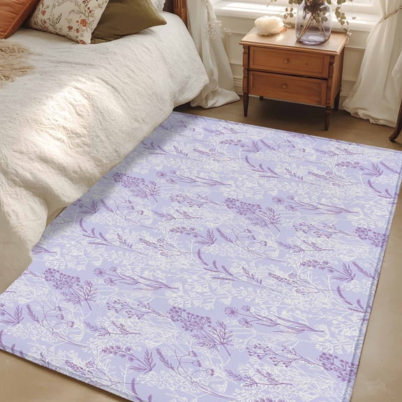 Area Rug for Living Room, Light Purple Flowers Non-Slip Indoor Large Carpet for Bedroom/Dining Room, Spring Vintage Flowers Rustic Plants Washable Low-Profile Floor Mat Runner Rugs - 3 x 5 Ft