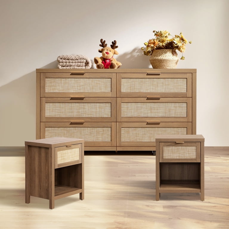 SICOTAS 3-Piece Rattan Dresser & Nightstand Set - Light Oak 6-Drawer  Dresser (56.88") & 2 Nightstands, Boho Bedroom Furniture Set with Storage