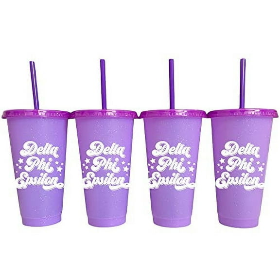 Sorority Shop Delta Phi Epsilon Glitter Color Changing Cups, 4-Pack Reusable Cups with Lids and Straws