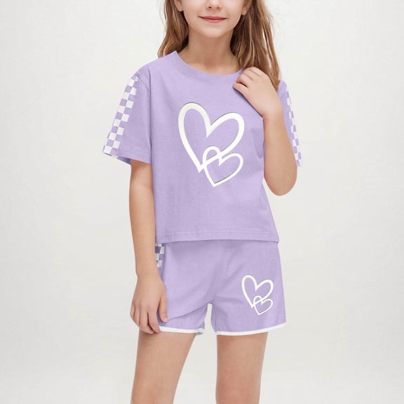 Eltusu Girls Outfit Sets, Elastic Waist Crew Neck Short Sleeve T-Shirts & Shorts Sets Purple Size 5-14 T