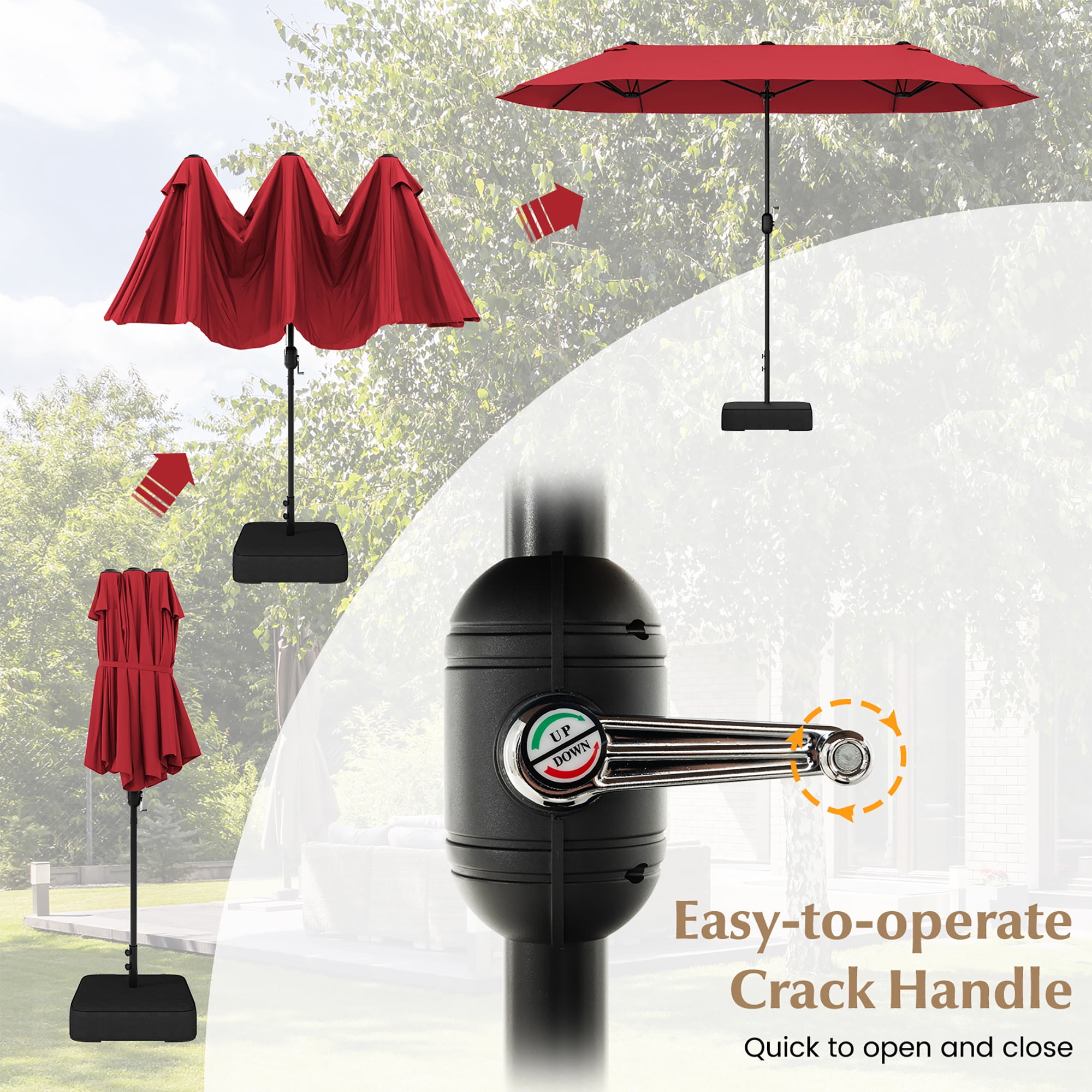 Gymax 13FT Double-sided Patio Umbrella w/ Crank Handle Umbrella Base Safety Lock Wine