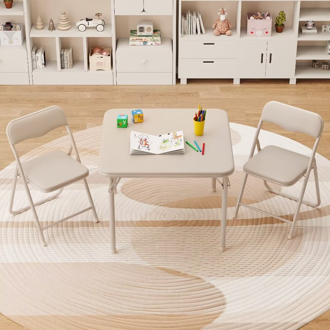 Kids Folding Table and Chairs Set of 3, Portable Table and Chair with PU Cushion, Suitable for Reading Playing Eating, Beige