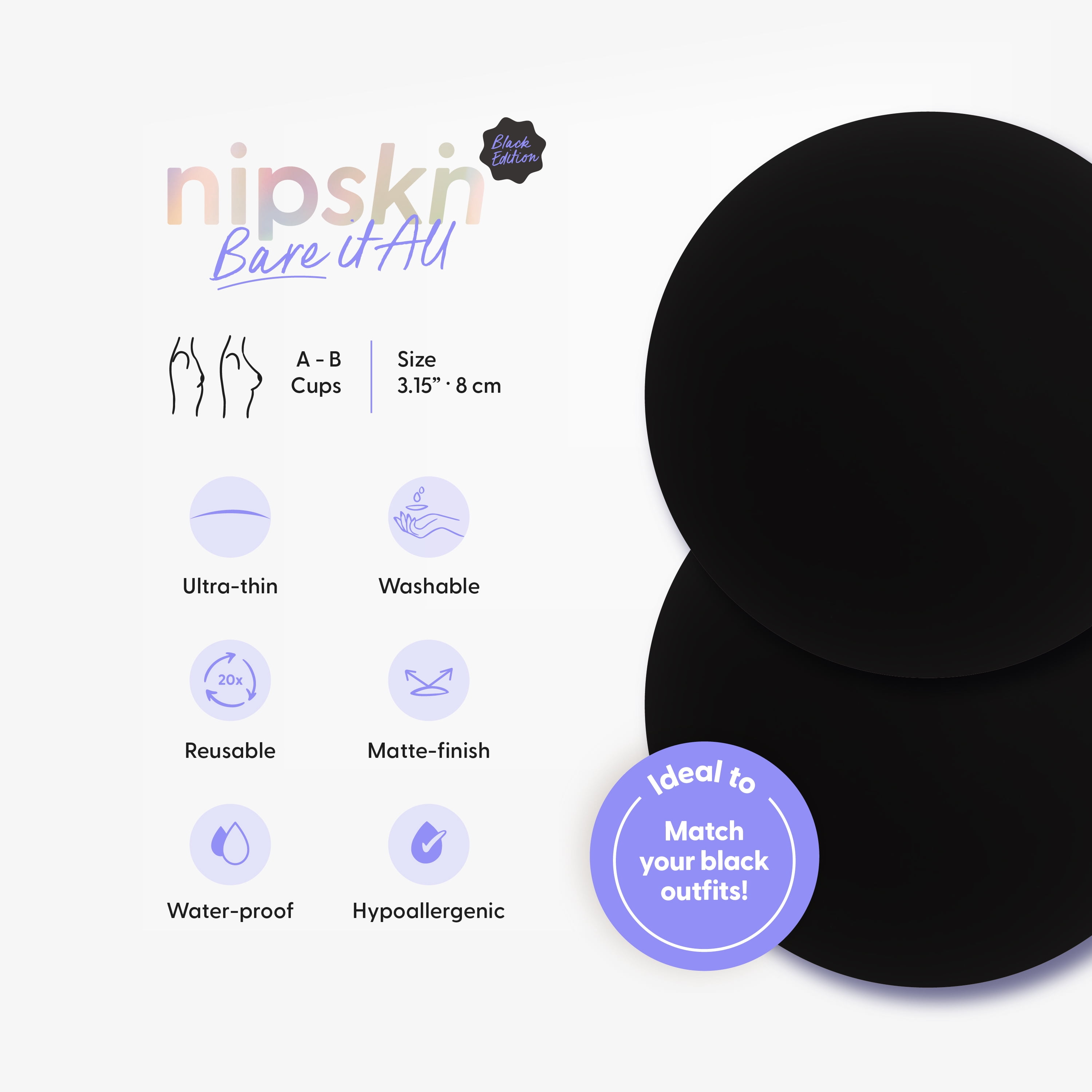 Nipskin Black Silicone Nipple Covers for Women, Reusable Adhesive Pasties for Dark Clothing, Medium
