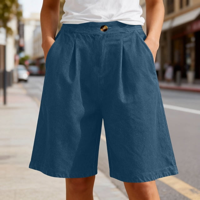 TaTaai Women's All Season Solid Casual Denim Knee Length Shorts Elastic Waist Loose Straight Wide Leg Shorts with Pockets Soft Breathable Daily Commute Wear Gift