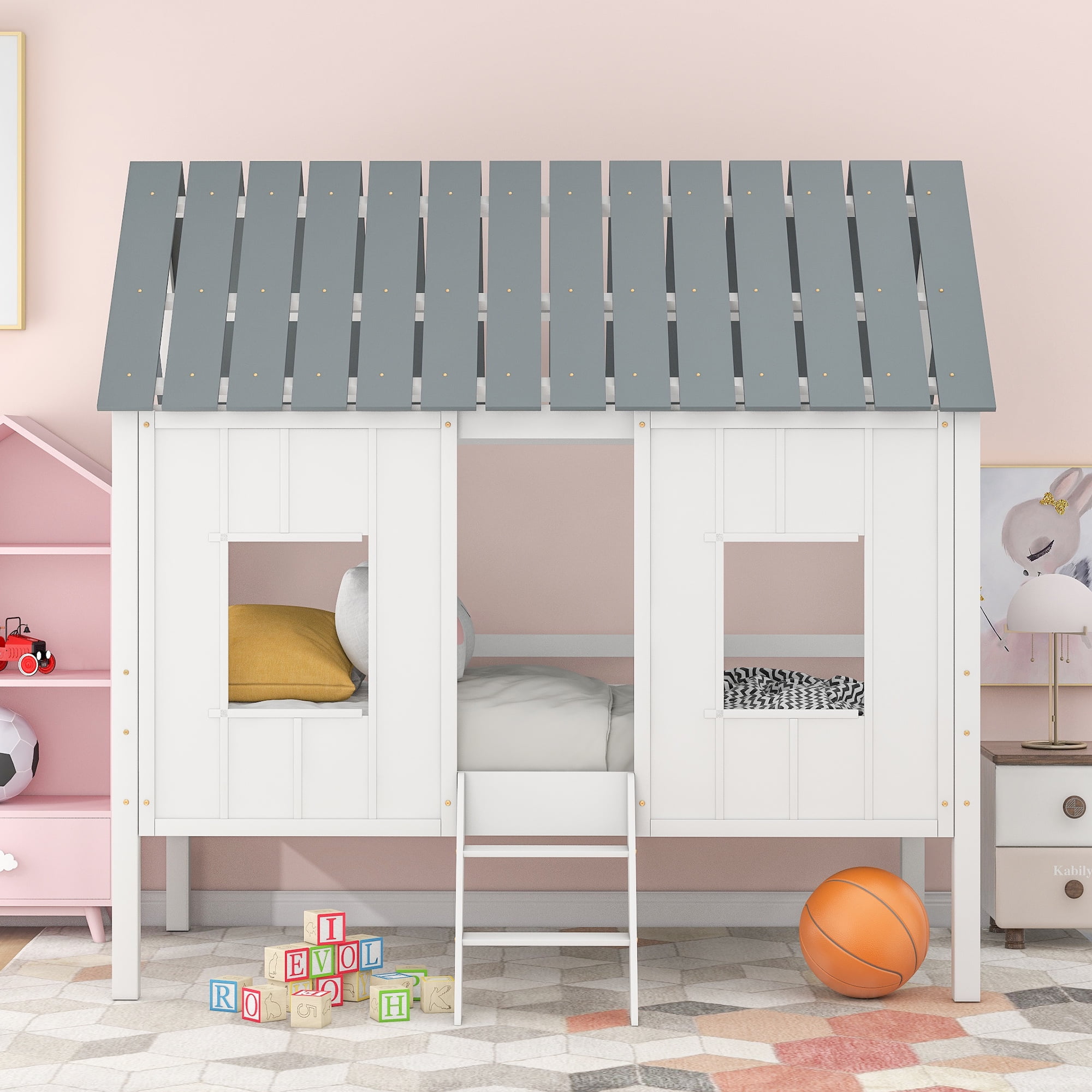 Twin Size Low Loft House Bed , Aukfa Low House Bed Frame with Roof