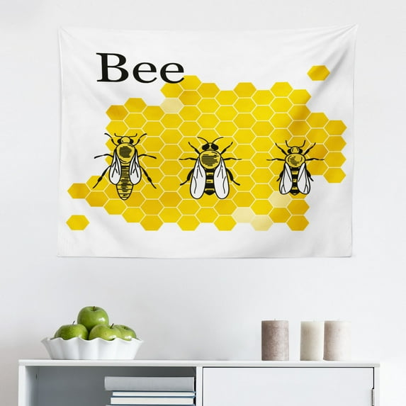 Queen Bee Tapestry, Repeating Continuous Print of Striped Buzzing Flies, Fabric Wall Hanging Decor for Bedroom Living Room Dorm, 2 Sizes, Mustard Charcoal Grey, by Ambesonne