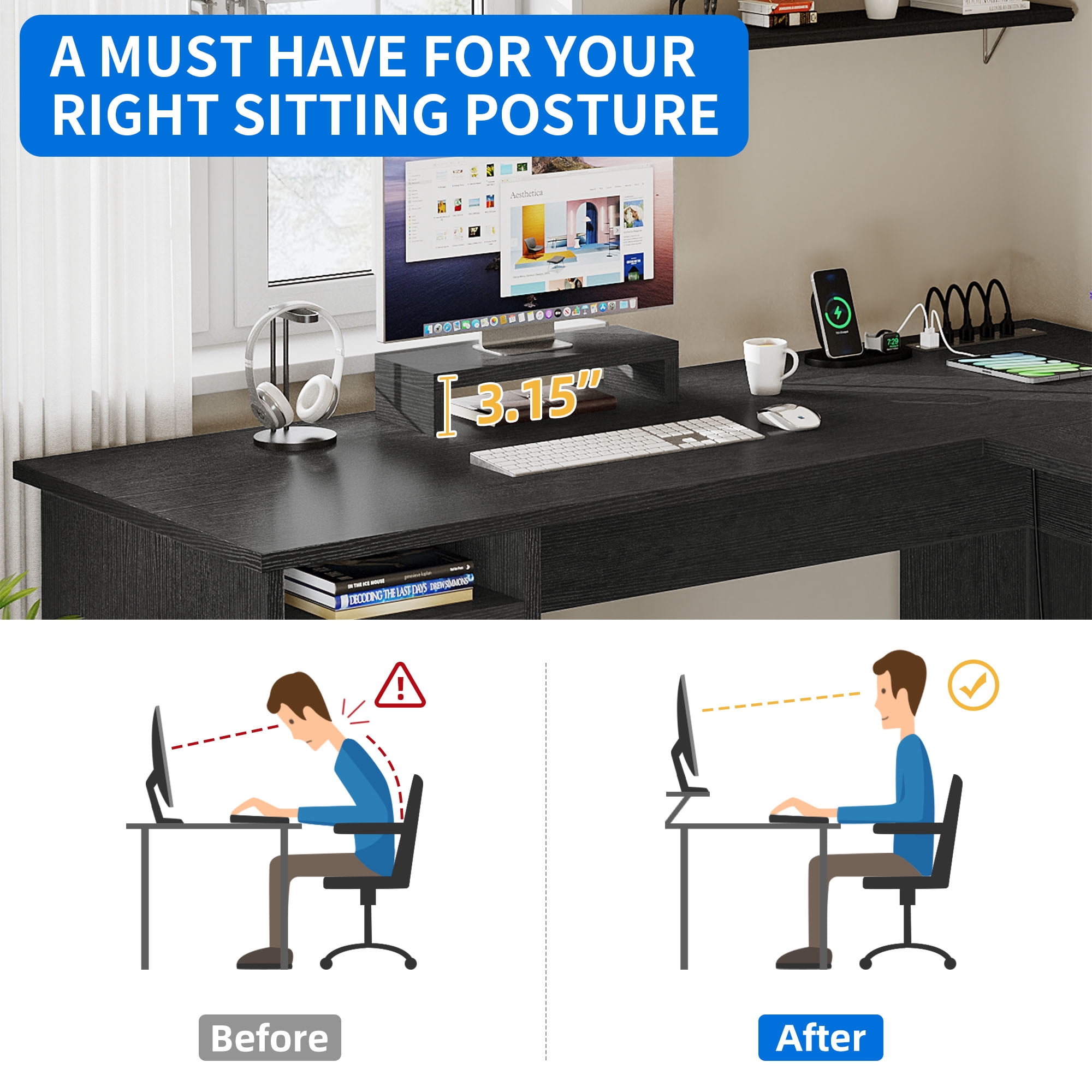 Dextrus 59 inch L-Shaped Desk with Power Outlet & USB Ports, Office Desk with File Cabinets, Large Computer Desk with Drawers, 2 Person Corner Desk Writing Desk with Storage Shelves, Black