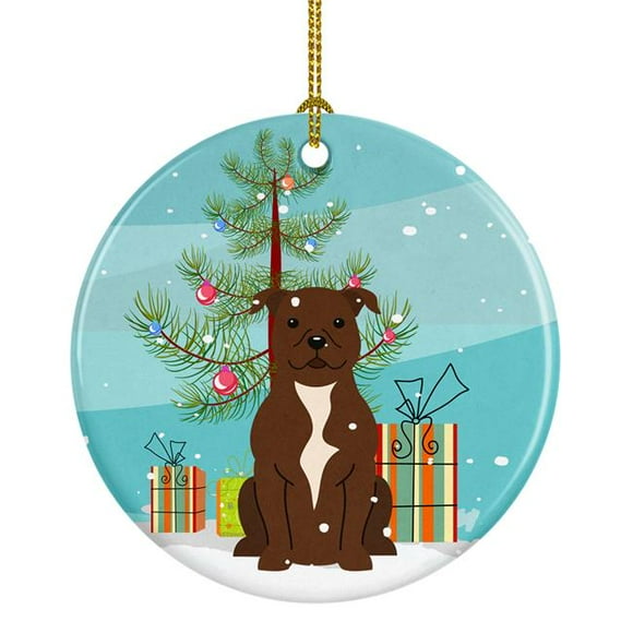 Merry Christmas Tree Staffordshire Bull Terrier Chocolate Ceramic Ornament