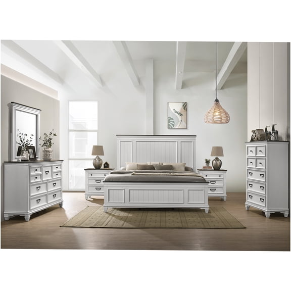 JERFIT 6-Piece Queen Bedroom Set with Shiplap Headboard, Dresser, Mirror, 2 Nightstands & Chest in Antique White and Gray