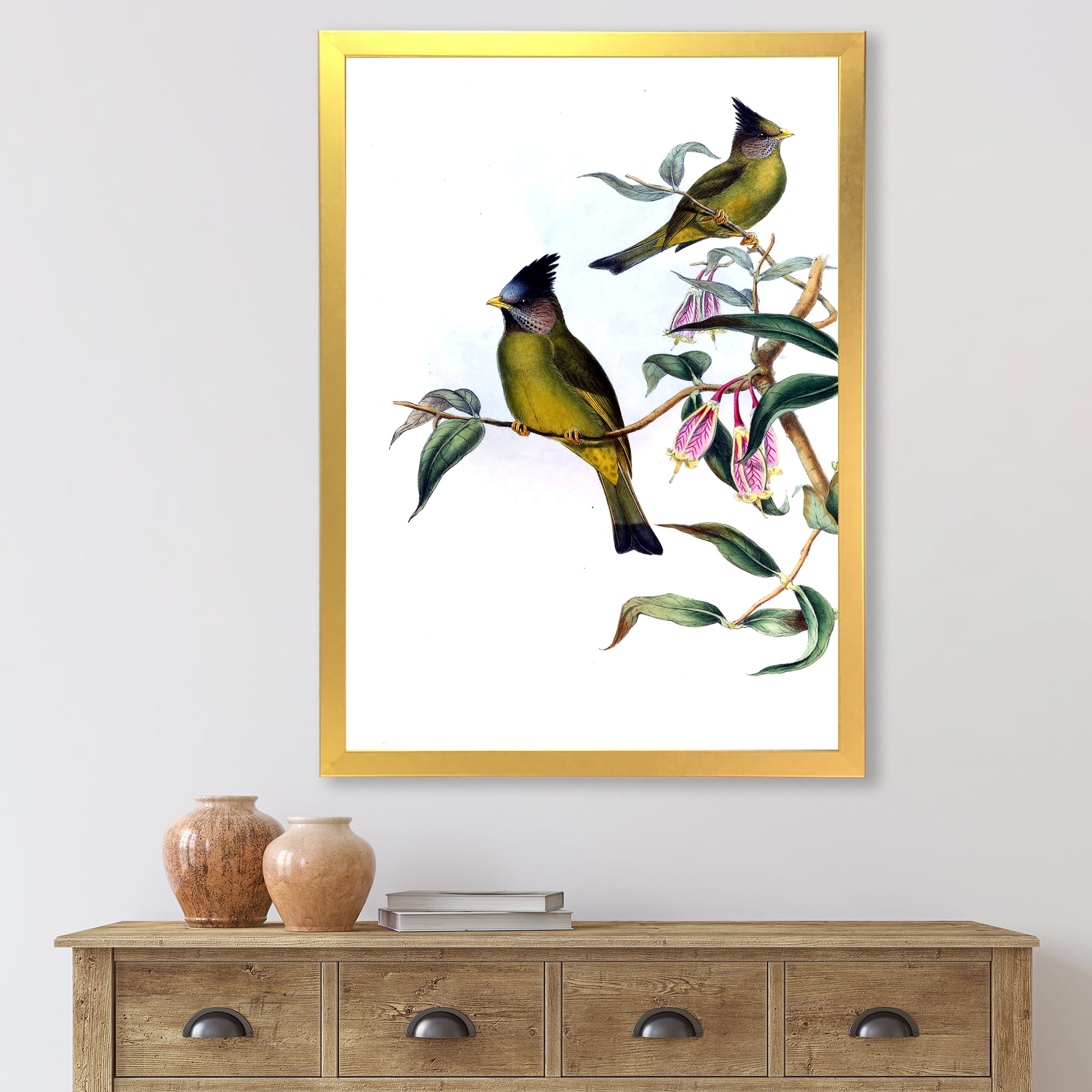 Designart 'Vintage Countryside Birds On Branch II' Farmhouse Framed Art Print