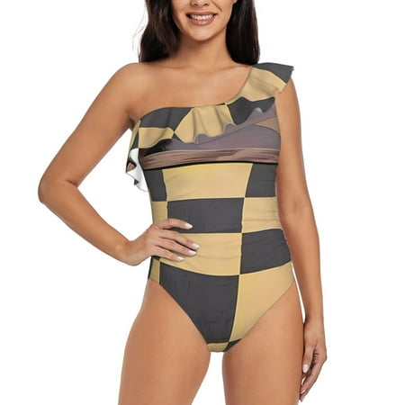 Uemuo Chess Board With Pawns Print Women s One Piece Swimsuit Asymmetrical Neck Bathing Suit One Shoulder Side Cutout Ruffle Swimwear-XX-Large