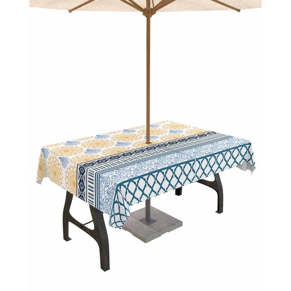 Outdoor Tablecloth with Umbrella Hole for Patio/Picnic/Party/Camping, Yellow Teal Boho Waterproof Table Cloth Rectangle Table Cover Washable, Vintage Geometric Stripes Abstract Art 52"x 70"