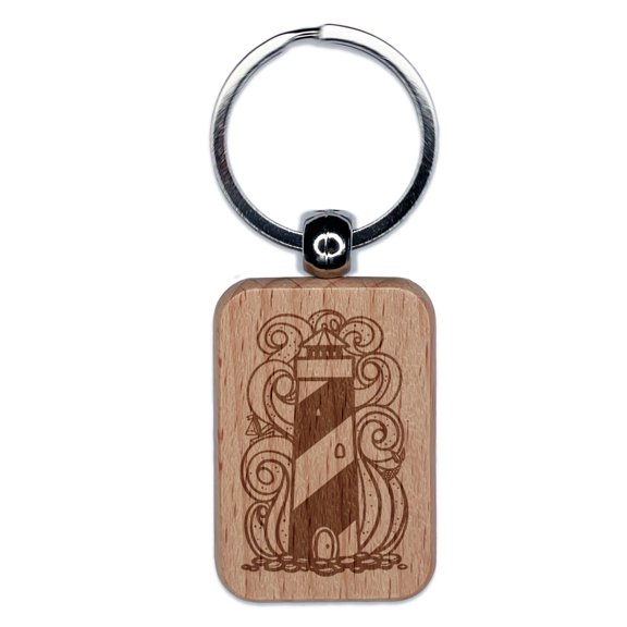 Lighthouse Stylized Crashing Waves Mermaid Sailboat Rectangle Keychain Charm Tag - Engraved Wood