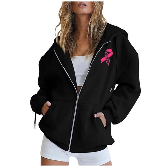 DEXIANG 2024 Women's Autumn and Winter Fashion Cancer Day Ribbon Feather Print Zipper Long Sleeve Pocket Drawstring Casual Sports Hooded Sweatshirt Womens Sweatshirt Drawstring Long Hoodie Women