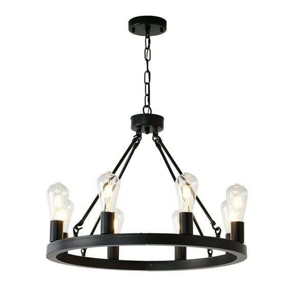 Coowa 8 Light Matte Black Wagon Wheel Chandelier Modern Farmhouse Style Adjustable Height Ceiling Light Fixture for Dining Room Living Room Kitchen Island Entryway Bedroom (Bulbs Not Included)