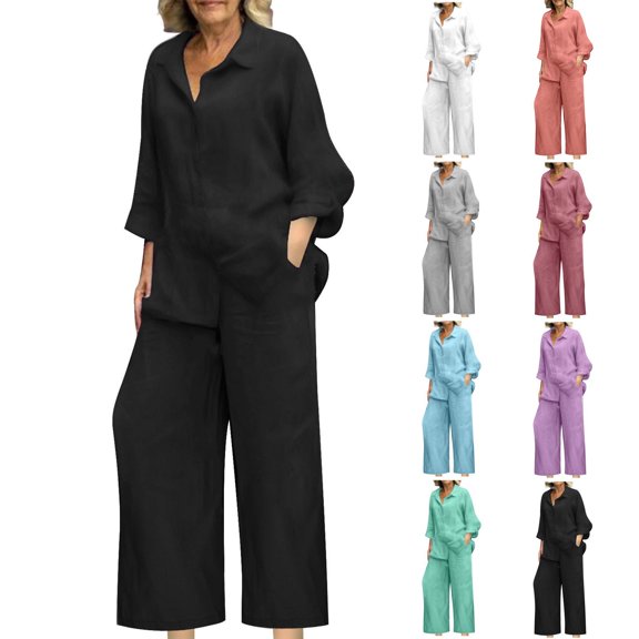 mihongmao Summer Travel Outfits for Women 2 Piece Sets Spring Outfits Women's Spring and Summer V-neck Loose Lapel Long Sleeved Shirt Wide Leg Pants Color Set Green 3X