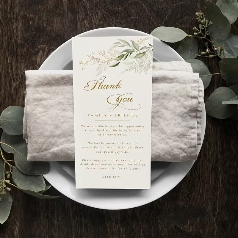 50 simple wedding thank you cards, green plant table cards, wedding table decorations, napkin thank you cards