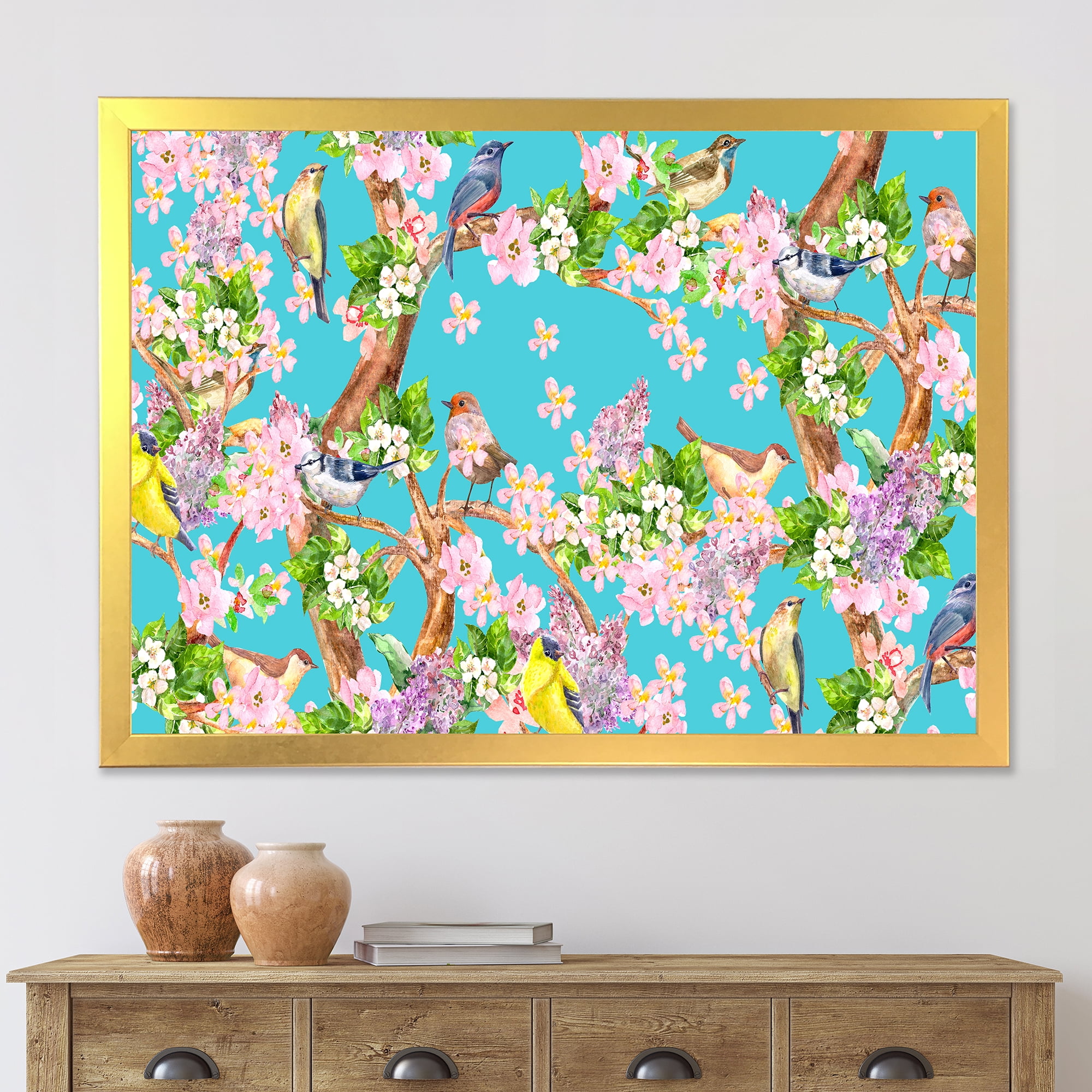 Little Birds Sitting On Spring Flow Tree 32 in x 24 in Framed Painting Canvas Art Print, by Designart