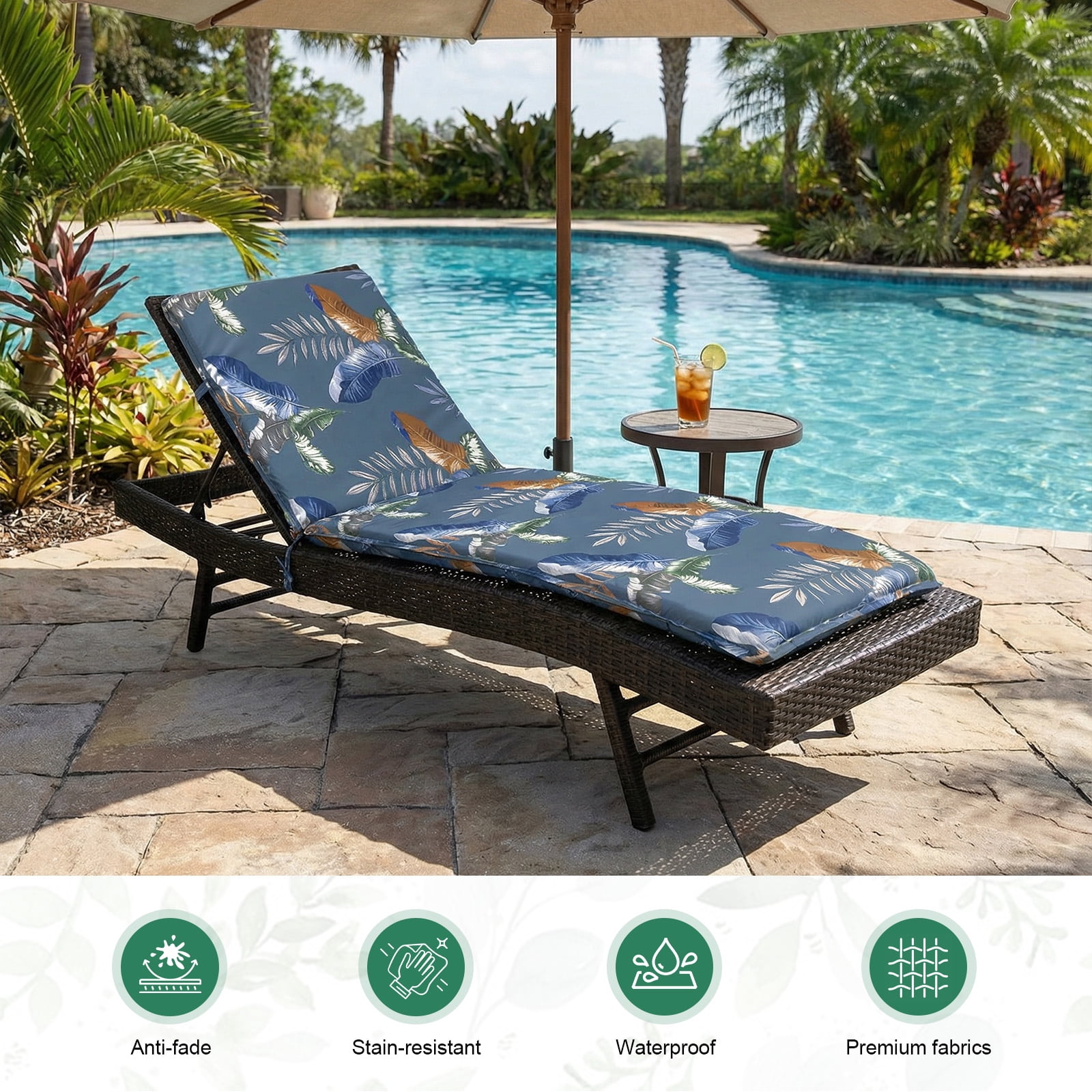 Eurhowing Outdoor Chaise Lounge Cushion 76"×23"×3", Waterproof Thick Patio Furniture Cushions with Straps, High-Density Foam Chair Pads for Poolside & Deck, 1 Pack, Blue Leaves