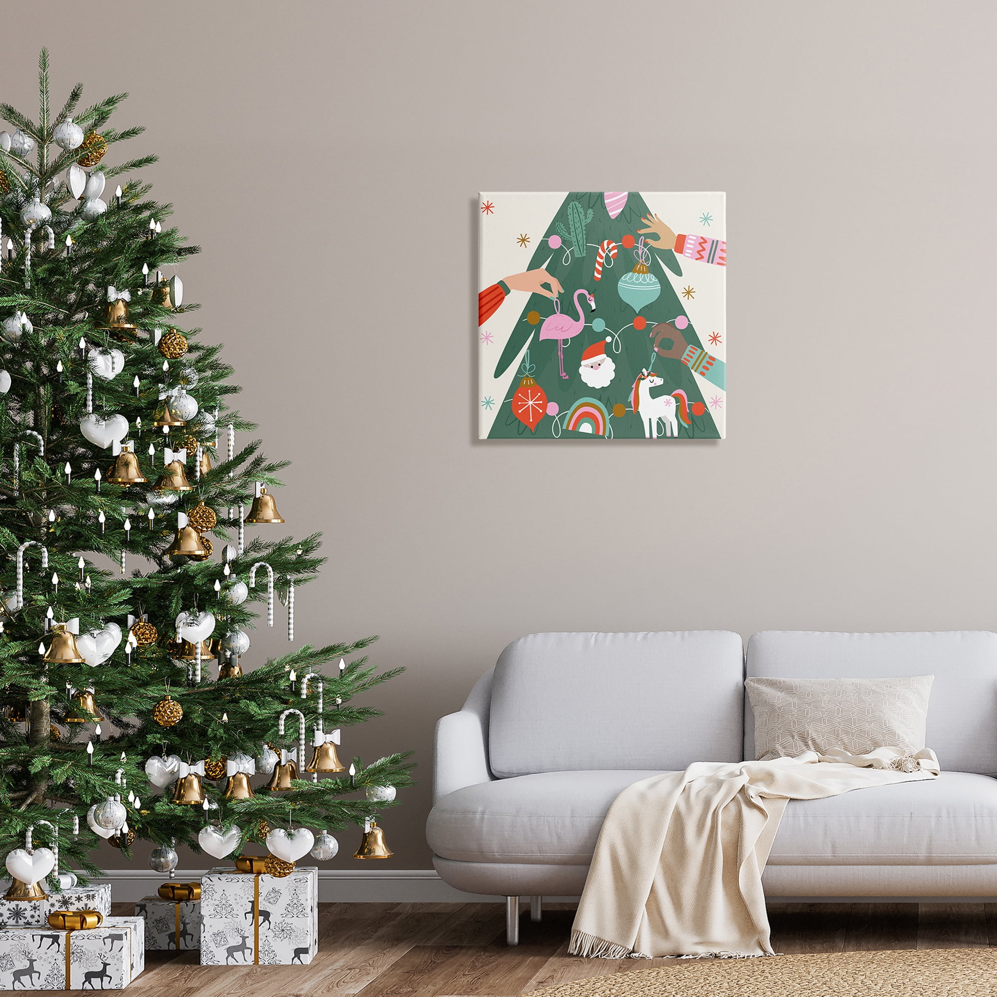 People Decorating Christmas Fir Tree Cheerful Ornaments Holiday Graphic Art Gallery-Wrapped Canvas Print Wall Art