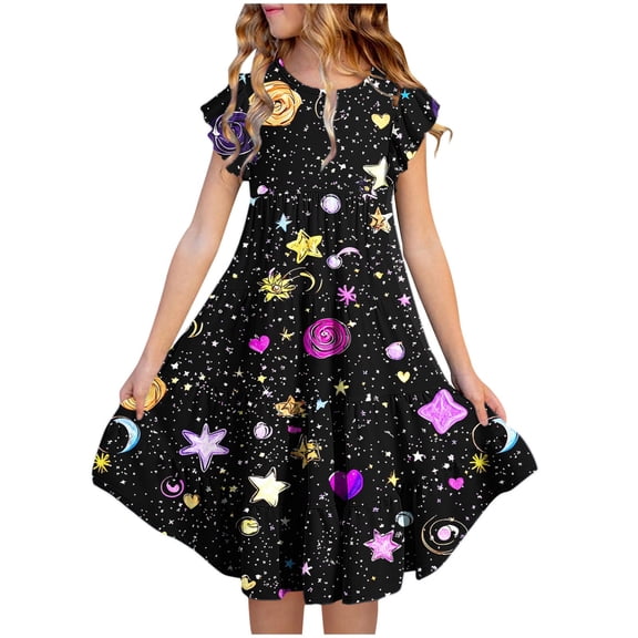 Lvshlubb Girl Dress Floral Graphic Casual Dress Cute Crewneck Fly Sleeve A Line Dresses Kids Clothes Girls Size 4-15