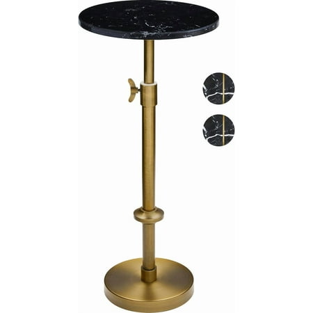 Adjustable-Height Marble Drink Table - xx- Marble & Antique Brass Modern Round End Table Side Table with Pedestal Stand for Small Spaces Vintage Metal Martini Cockta