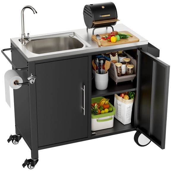 Olurrisa Outdoor Grill Table with Sink, Grill Cart with 304 Stainless Steel Sink and Cabinet, Outdoor Grill Cart,Outdoor Cart Sink Station with Wheels, L38" x W18" x H35"