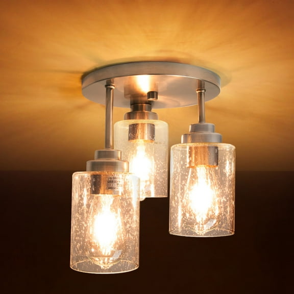 Hlite 3-Light Brushed Nickle Flush Mount Ceiling Light with Seeded Clear Glass Shade for Bedroom, Kitchen, Living Room, Entryway Lighting