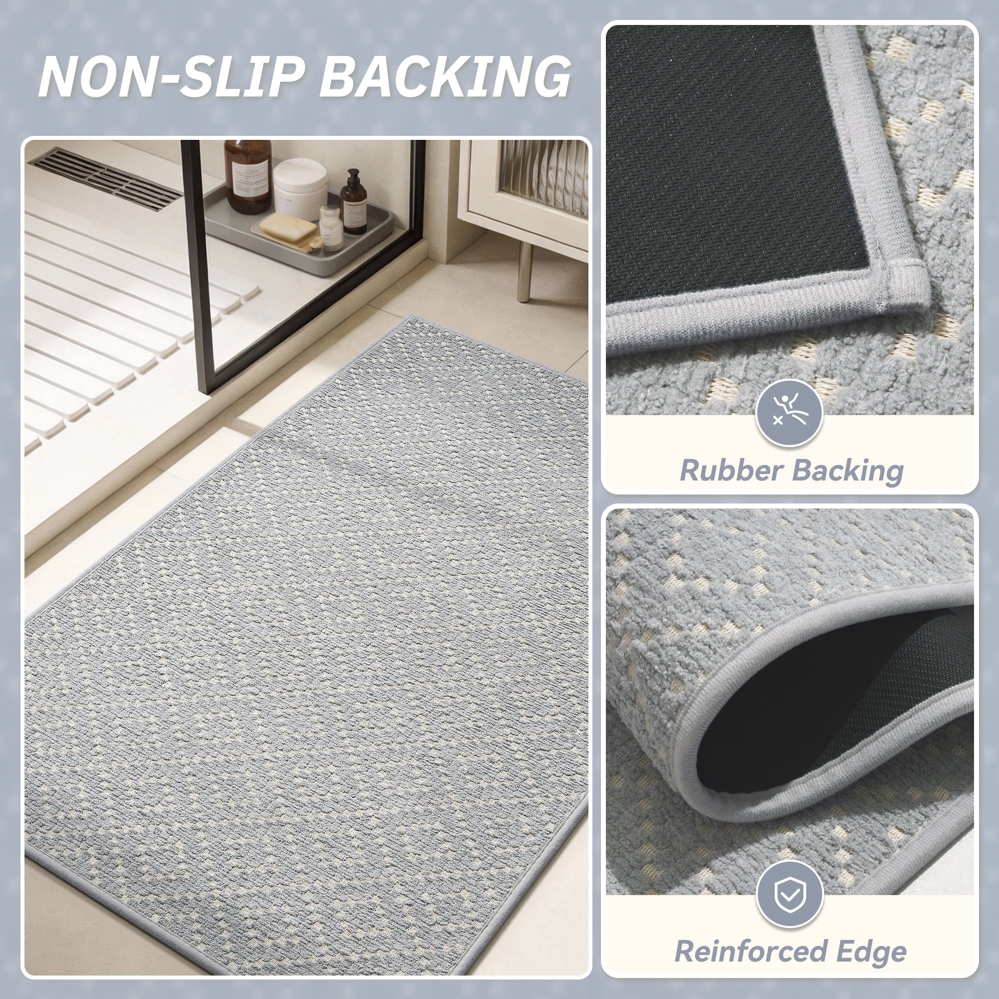 FEELHOME Bathroom Rug Diamond Pattern Absorbent Non Slip Bath Mat Soft Chenille Quick Dry Machine Washable Bathroom Mat with Rubber Backing Durable Bath Rug for Bathroom Floor 24"x35" Gray
