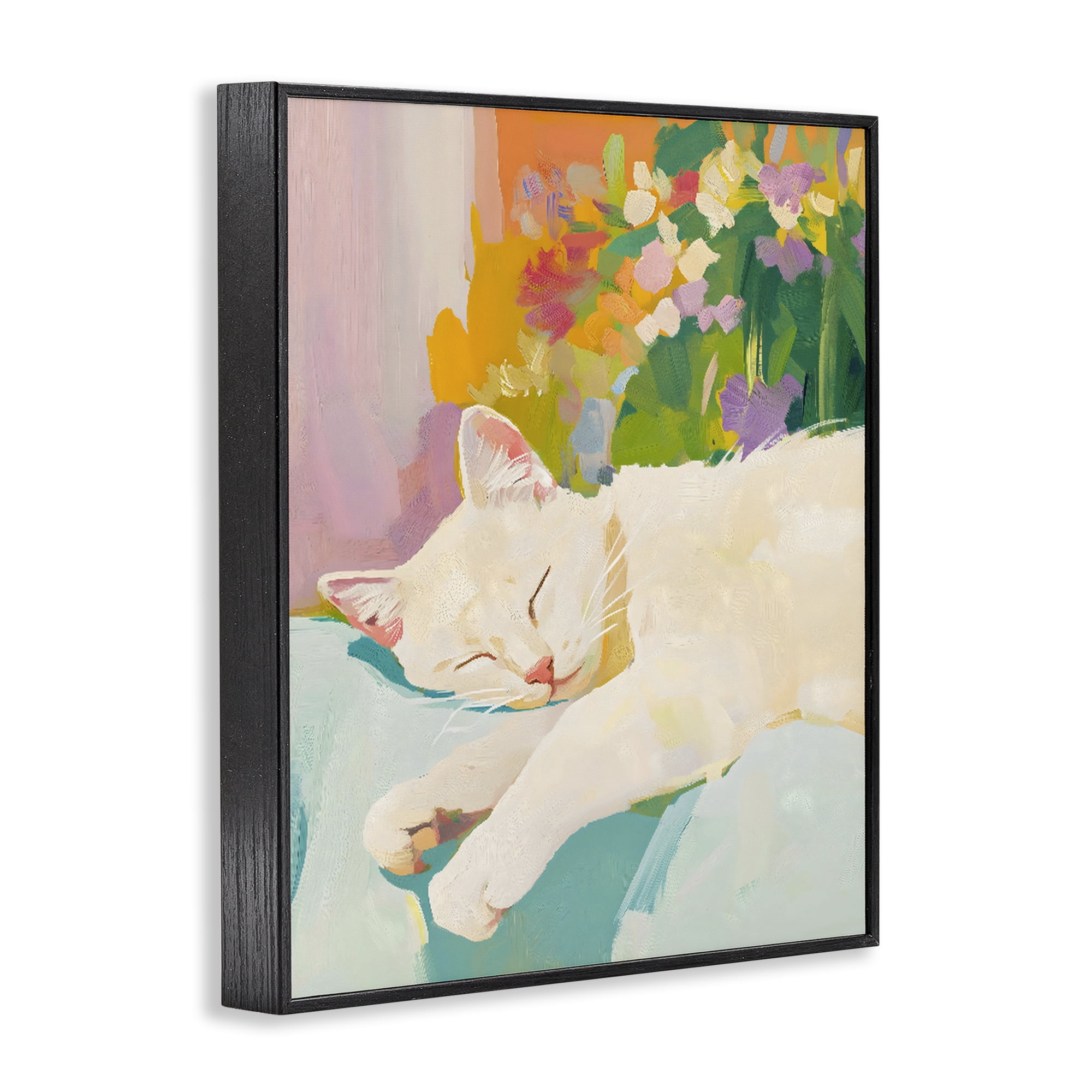 Stupell Industries Sleeping Cat with Flowers Black Framed Giclee Art, design by The Prints Vibe