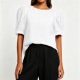 thumbnail image 5 of HongQid Women's Blouse Puff Short Sleeve Tops Crinkle Woven Round Neck Lightweight Shirt Loose Summer Casual Trendy Clothes, 5 of 7