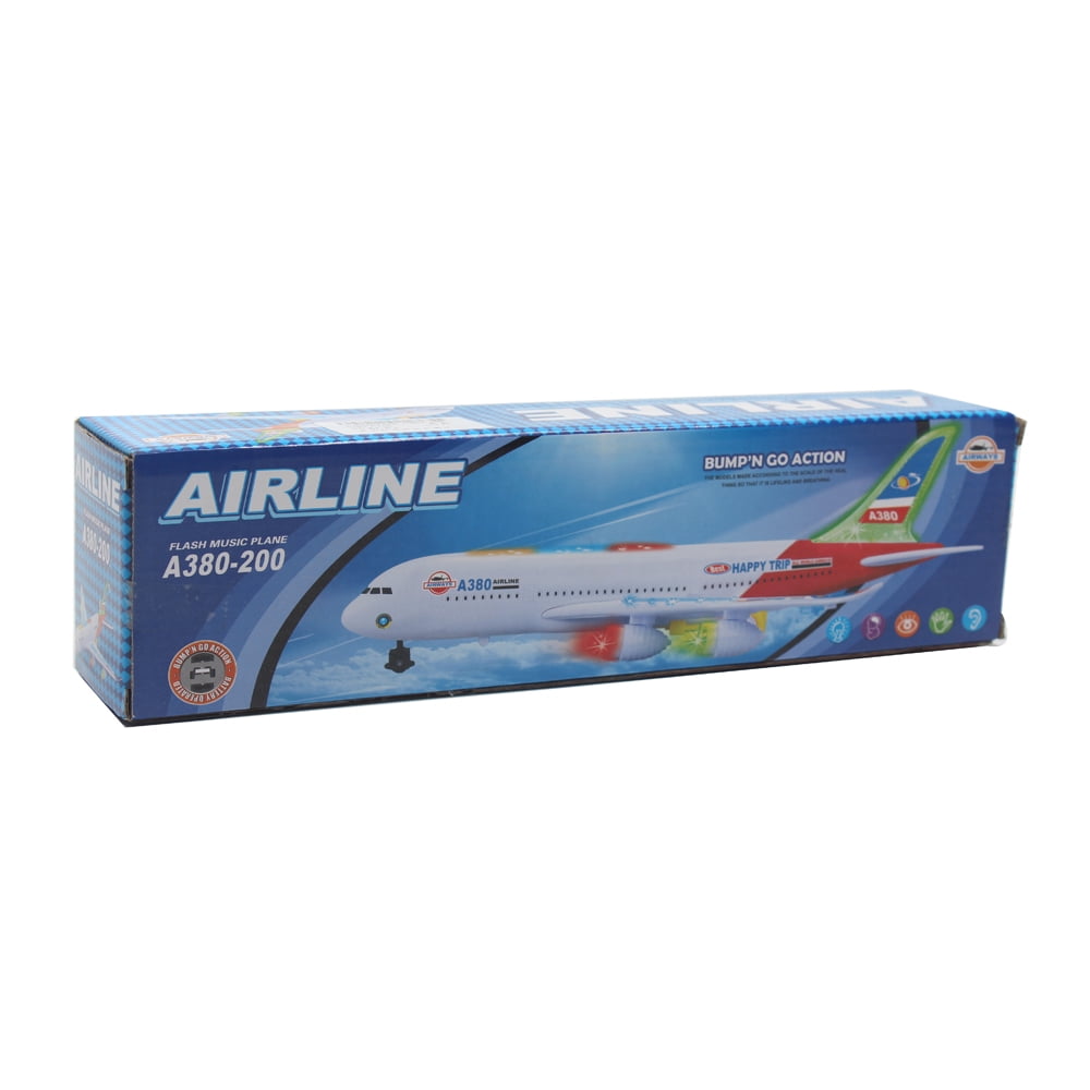 PlayWorld All Aboard! Bump and Go Electric Air Bus A380 Kids Action Airplane - Model Plane with LED Lights and Sounds - Changes Direction On Contact - Red