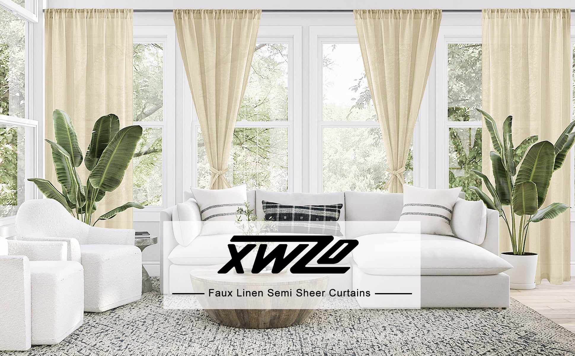 XWZO Semi Sheer Linen Curtains,Privacy Enhancing & Light Filtering Rod Pocket Drapes for Living Room with Tiebacks(Beige,W52 x L45 Inch,2 Panels)