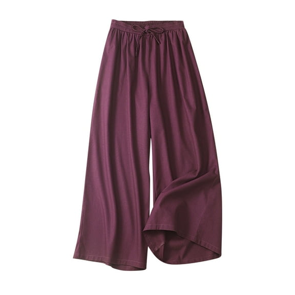 REALiKUN Women' s Culottes Linen Blend Wide Leg Pants Elastic Waist Casual Palazzo Trousers with Pockets