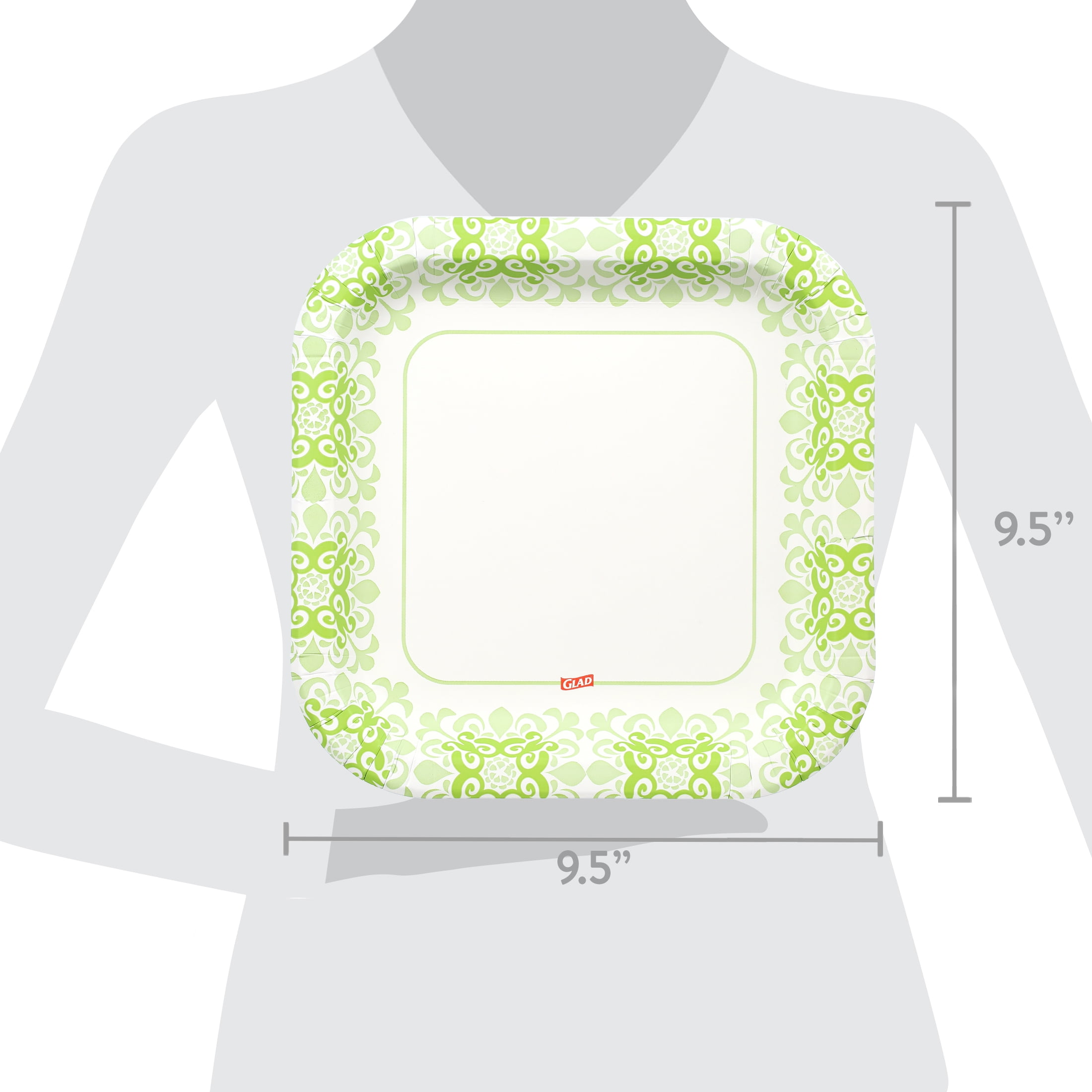 Glad Everyday 10" Square Paper Plates Green Victorian, 2 pack (100 plates total)