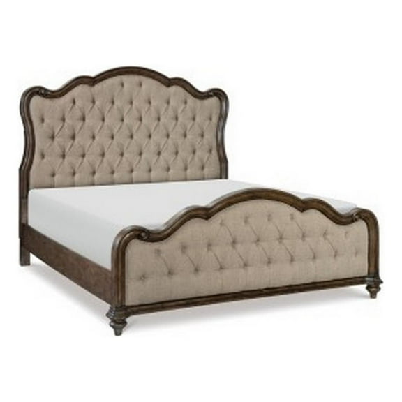 Deborah Queen Bed- Button Tufted Beige Fabric Upholstery- Brown Wood